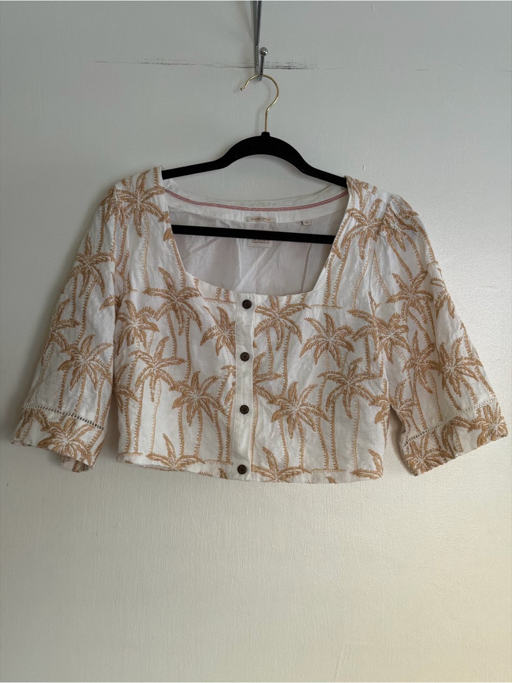 Scotch & Soda White Crop Top with Gold Palm Embroidery